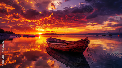 Serene Lake at Sunset: A Boat's Tranquil Reflection Under the Fiery Sky, A Symphony of Colors and Peace in a Stunning Waterscape Panorama
