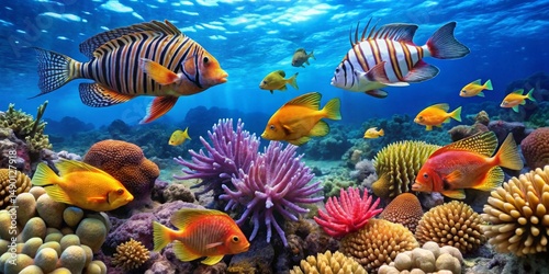 Vibrant Reef Scene Featuring Colorful Fish and Coral Formations in a Sunlit Underwater World