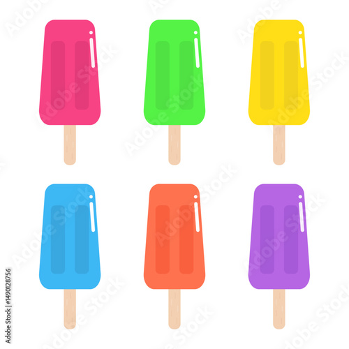 Set of colorful ice cream in pink, green, yellow, blue, orange and purple.Popsicle sticks collection isolated on white background.Vector graphic illustration.Summer element. 
