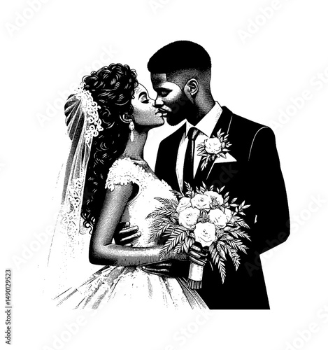 Romantic Kissing Black Couple Wedding in Black and White Engrave Style. Beautiful Bride and Groom.