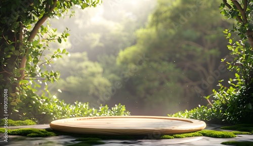 Nature Product Display Podium: Wooden Stage with Green Forest Backdrop, Moss and Sunlight