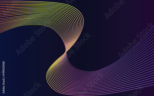 Colorful curved gradient lines on a dark background. Abstract flowing wave shapes with vibrant rainbow hues.