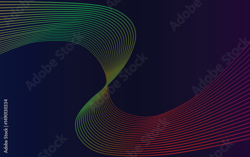 Colorful curved gradient lines on a dark background. Abstract flowing wave shapes with vibrant rainbow hues.