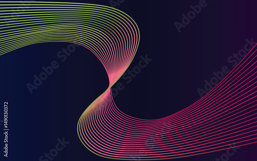 Colorful curved gradient lines on a dark background. Abstract flowing wave shapes with vibrant rainbow hues.