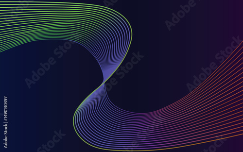 Colorful curved gradient lines on a dark background. Abstract flowing wave shapes with vibrant rainbow hues.