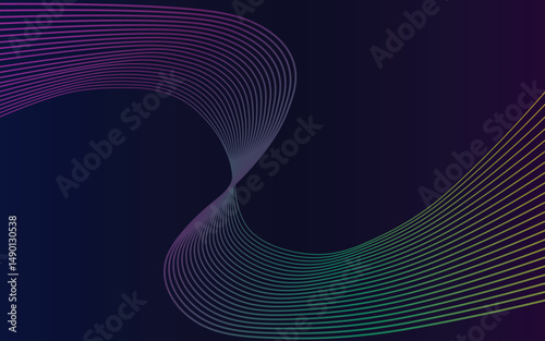 Colorful curved gradient lines on a dark background. Abstract flowing wave shapes with vibrant rainbow hues.