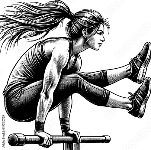 Focused Woman Balancing on Gymnastic Bar in Engraved Black and White Style Vector