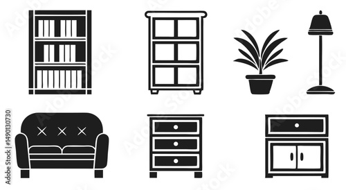 Furniture and Home Decor Icons – Solid Black Interior Design Vector Set