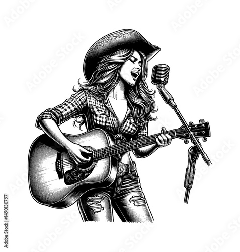 Woman in Cowboy Hat Singing and Playing Guitar with Microphone in Detailed Black and White Art