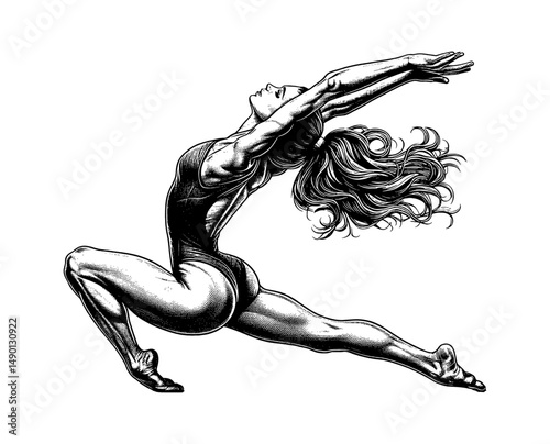Woman in black leotard doing gymnastics pose with arm up and back bend drawing