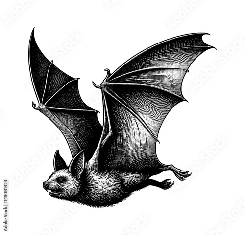 Detailed Black and White Engraving of a Flying Bat with Open Wings on White Background