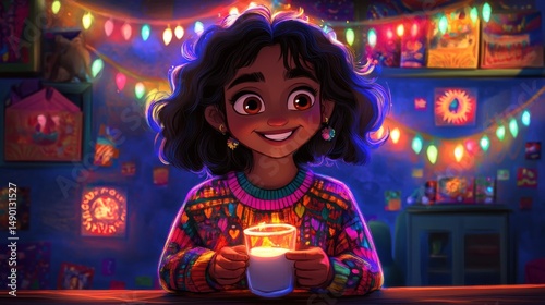 Cozy Girl with Candle in Colorful Room Decorated with Lights