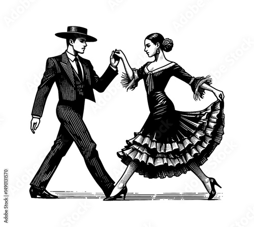 Elegant Couple Dancing Flamenco Together in Detailed Black and White Engraving Style