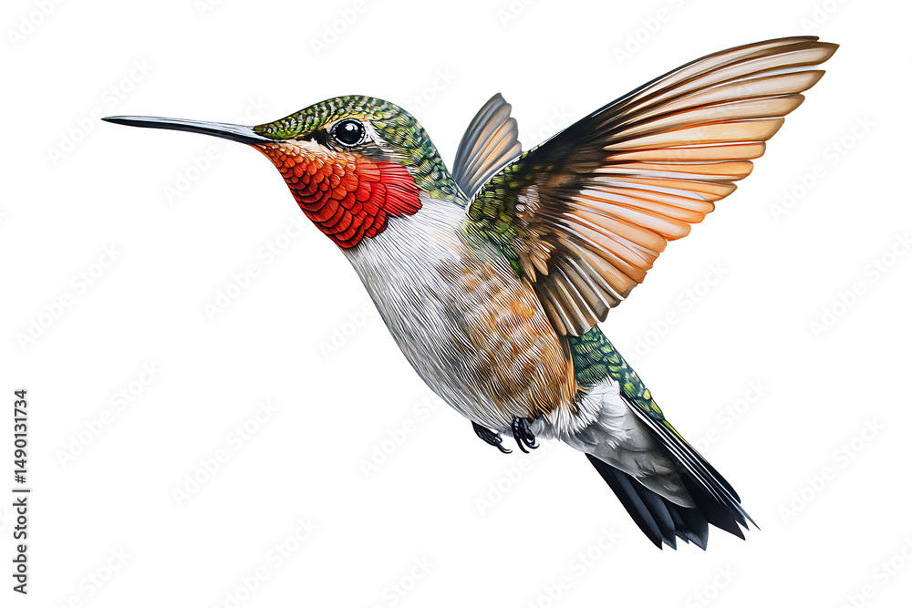 Fototapeta premium Ruby throated hummingbird in flight isolated on a white background