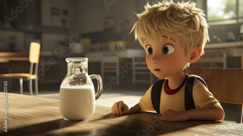 Curious boy amazed by milk jar in a bright kitchen setting