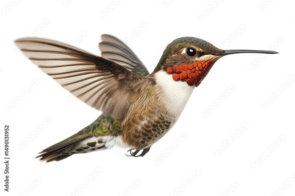 Fototapeta premium Ruby-throated hummingbird in flight isolated on a white background