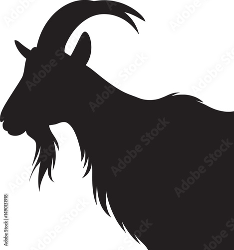 goat silhouette with long horns and beard in side profile, black vector illustration isolated on white background.