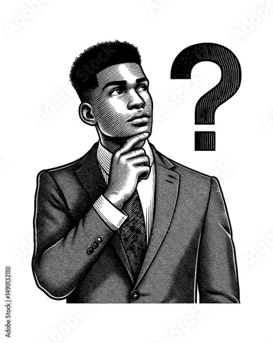 Pensive Businessman in Suit Thinking Deeply with Question Mark in Detailed Engraving Style