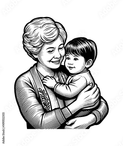 Grandmother Holding Baby with Smiling Face, Hugging Warmly in Detailed Black and White Engraving