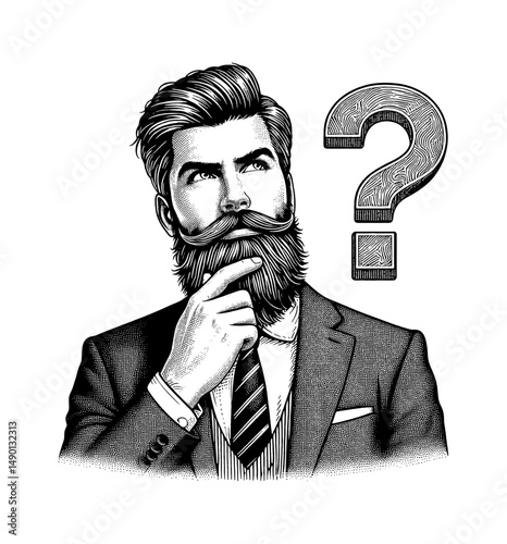 Thoughtful Bearded Man in Suit Contemplating with Question Mark Engraved Illustration