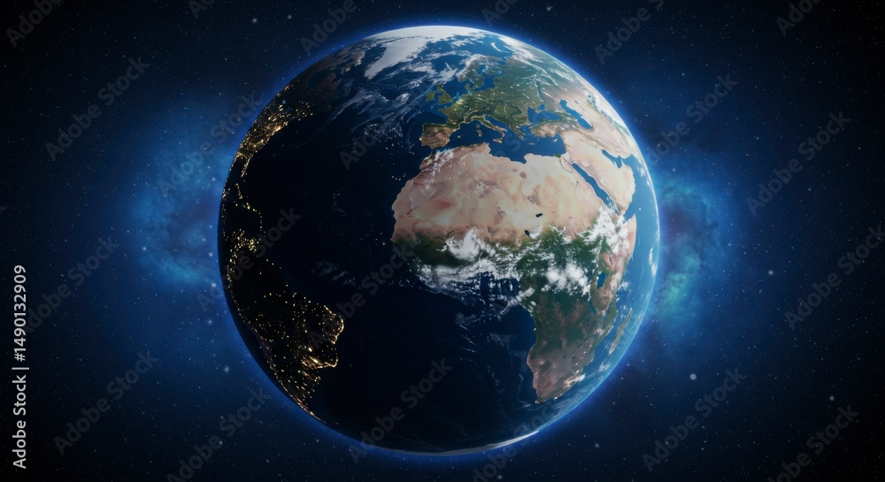 Earth from space, detailed view of continents and atmosphere Earth from space, detailed view of continents and atmosphere