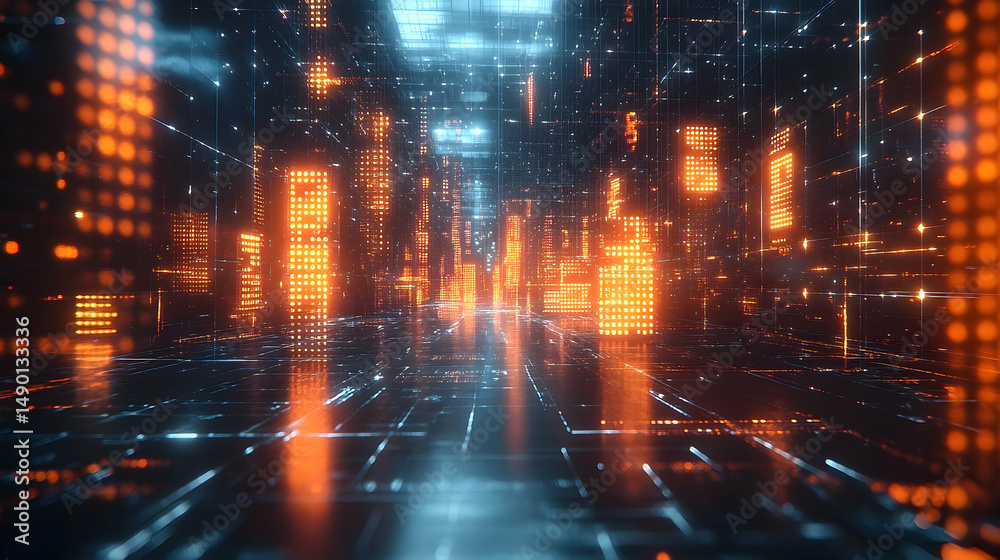 Fototapeta premium Abstract futuristic city with glowing orange structures against a dark blue background, creating a sense of depth