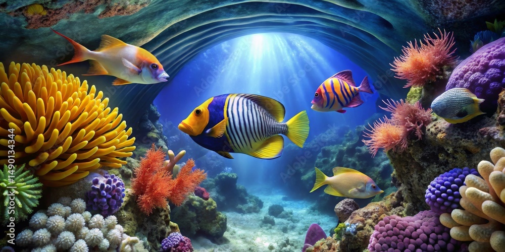Naklejka premium Vibrant Reef Scene Featuring Colorful Fish and Lush Coral Formations Under a Sunlit Ocean Cave