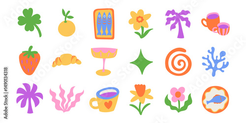 Vector simple minimal illustrations  in bright bold colors, simple wavy and groovy doodle naive style, simple hand drawn design templates for cards and prints, posters, wall art, summer vacation