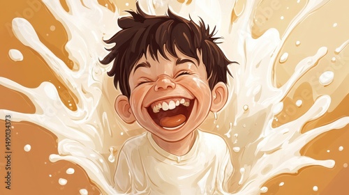 Joyful Child Splashing Milk with Laughter in Colorful Background
