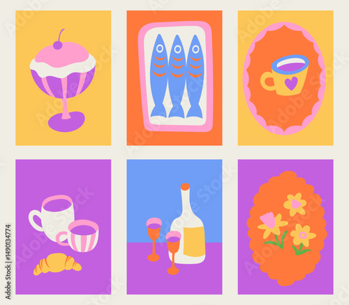 Vector simple minimal illustrations  in bright bold colors, simple wavy and groovy doodle naive style, simple hand drawn design templates for cards and prints, posters, wall art, summer vacation