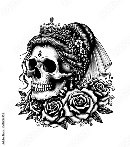 Ornate Skull Wearing Crown and Veil Surrounded by Roses in Detailed Black and White Engraving