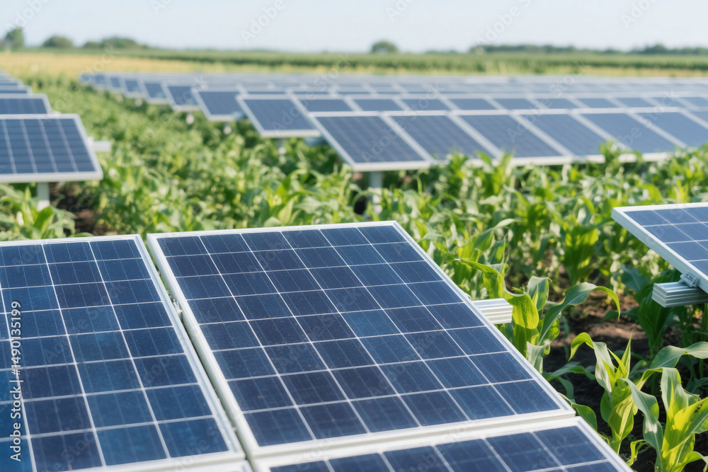 Fototapeta premium Solar panels with green plants agriculture. Renewable energy technology, photovoltaic solar cells generate clean electricity. Sustainable power system uses sunlight for eco-friendly energy production.