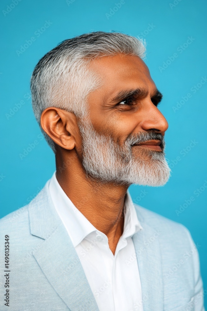 Fototapeta premium Elegant men's high fade haircut - midlife indian man with short hair. Layout art of style for aging men. Blue solid background. A poised man displaying elegance and charm.