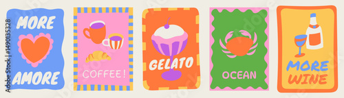 Vector simple minimal illustrations  in bright bold colors, simple wavy and groovy doodle naive style, simple hand drawn design templates for cards and prints, posters, wall art, summer vacation