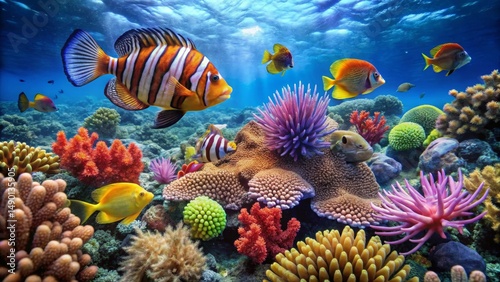 Fototapeta Naklejka Na Ścianę i Meble -  Vibrant Underwater Scene Showcasing a Diverse Array of Colorful Coral and Tropical Fish in a Thriving Reef Ecosystem