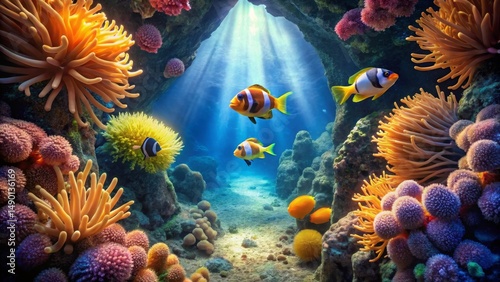 Vibrant Underwater Scene Featuring Colorful Fish and Coral Reef in a Sunlit Cave