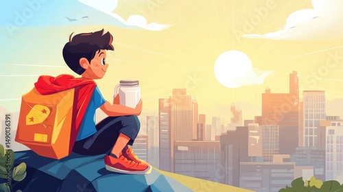 Young Adventurer Enjoys Sunrise Over City Skyline with Backpack