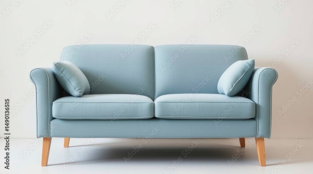 Fototapeta premium Serene Light Blue Sofa: Elegant Minimalist Design with Wooden Legs