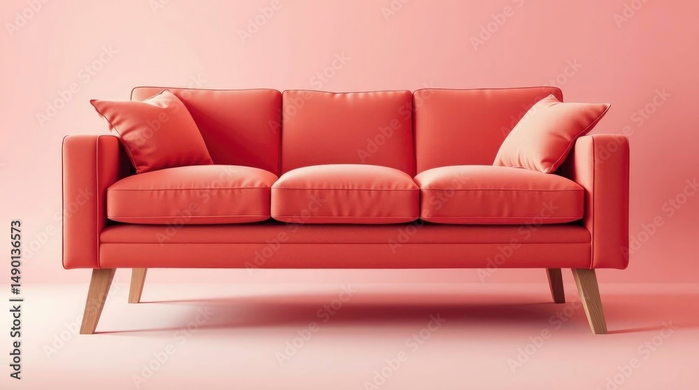 Fototapeta premium Coral Sofa: Minimalist Design in a Soft Pink Setting