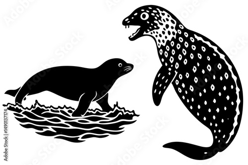 Black silhouette of leopard seal head with detailed reptilian features, leopard seal, silhouette, vector, animal, wildlife, predator, seal, marine, ocean, underwater, illustration, black, white, desig
