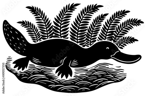 Platypus silhouette design showing duck bill and webbed feet structure, platypus, silhouette, animal, wildlife, nature, vector, design, illustration, creature, aquatic, mammal, duck bill, webbed feet,