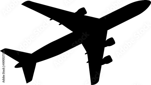 A black silhouette of a large passenger jet. The plane is shown in profile view, positioned centrally within the image against a plain white background. The jet's wings are spread wide, and the body i