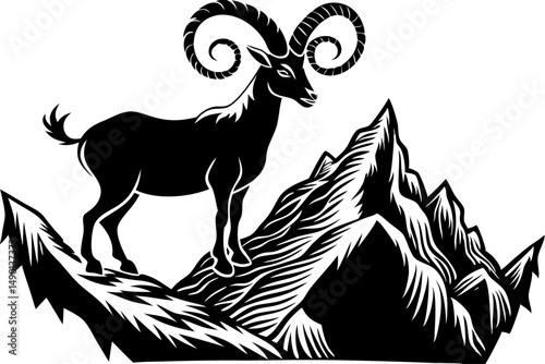 Markhor goat silhouette featuring magnificent horns vector design, markhor, goat, silhouette, animal, wildlife, horn, horns, majestic, vector, outline, graphic, design, illustration, black, white, nat