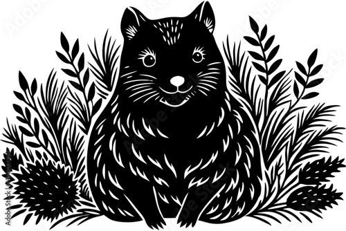 Quokka silhouette design illustrating its characteristic features, quokka, silhouette, vector, design, animal, marsupial, australia, wildlife, cute, happy, smiling, friendly, illustration, graphic