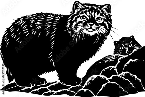 Silhouette design of pallas's cat and den wildlife habitat, pallas's cat, manul, cat, animal, silhouette, den, wildlife, nature, vector, illustration, graphic, design, black and white, outline, drawin