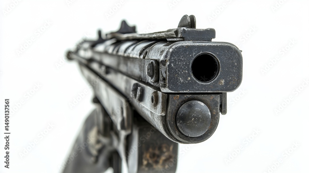 Fototapeta premium A detailed view of a firearm highlights its intricate design. This image captures the essence of weaponry and its mechanical components. Generative AI