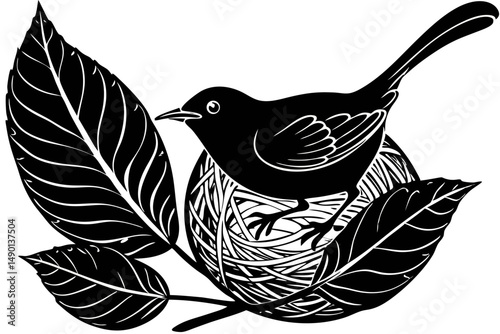Silhouette of a tailorbird meticulously stitching featuring leafy elements, tailorbird, bird, silhouette, vector, stitching, sewing, needle, thread, nature, leaf, leaves, botanical, floral, animal, ar