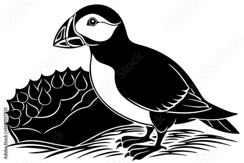 Silhouette of an atlantic puffin with a full beak in black vector, atlantic puffin, puffin, bird, seabird, animal, wildlife, silhouette, black, vector, illustration, design, graphic, outline, shape, n