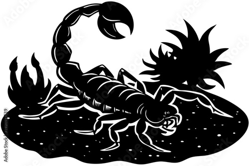 Silhouette scorpion vector graphic design with arched tail and stinger, scorpion, silhouette, animal, vector, insect, arachnid, black, white, design, graphic, art, sting, tail, nature, wildlife, poiso