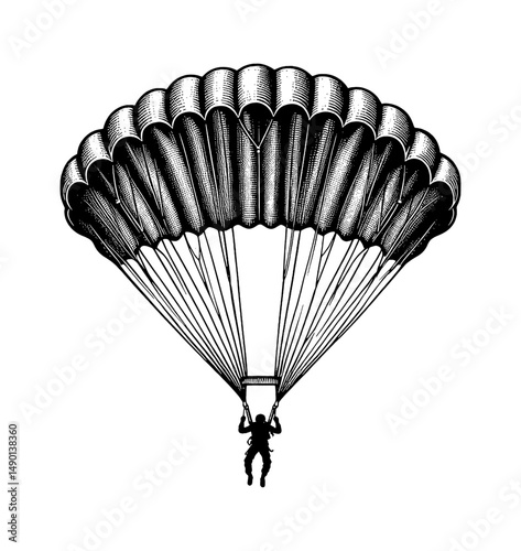 Parachutist in Freefall with Parachute Open Silhouette, Drawn Engraving Style with Detailed Shading and Texture